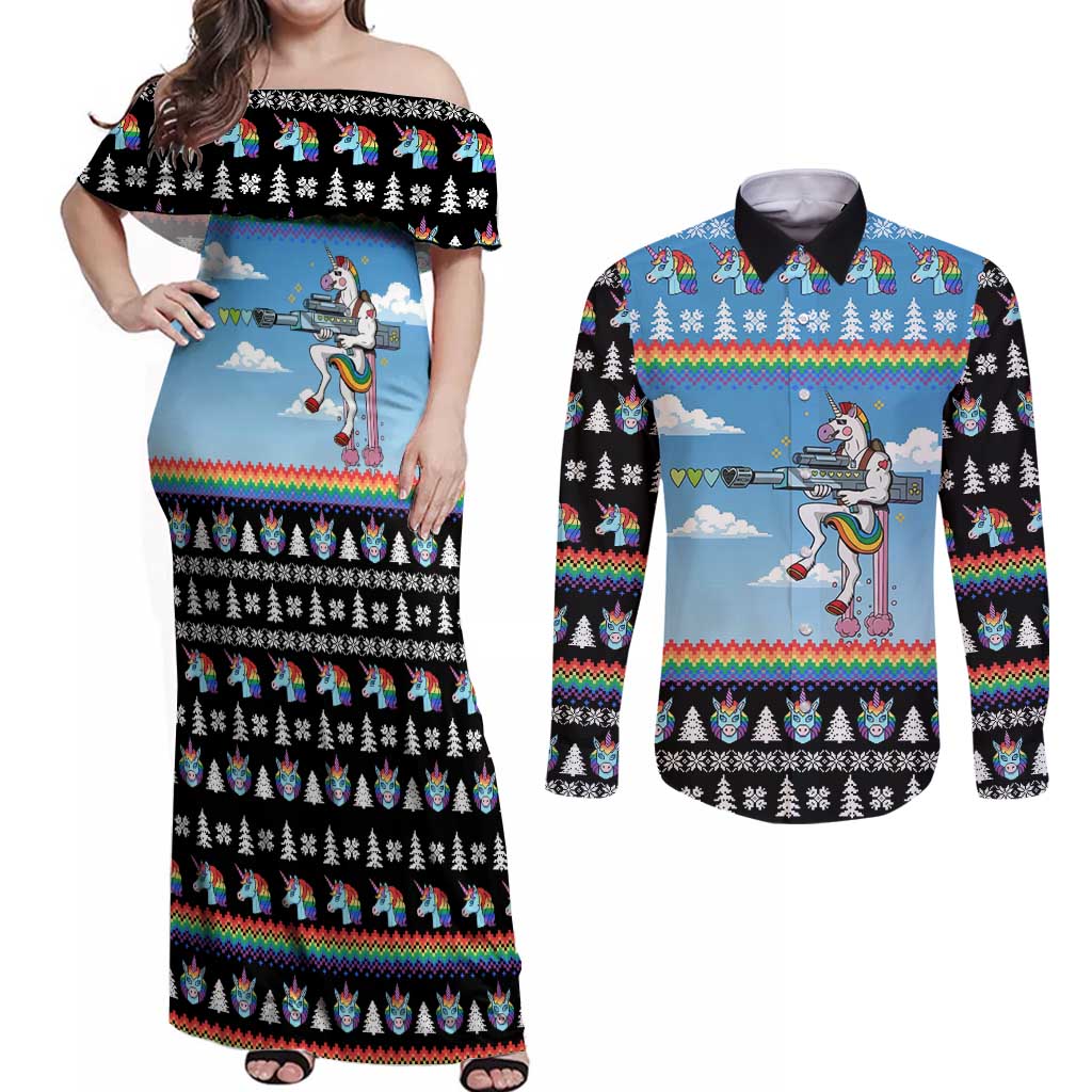 Unicorn Pew Pew Christmas Couples Matching Off Shoulder Maxi Dress and Long Sleeve Button Shirt Xmas Holiday Patterns - Wonder Print Shop