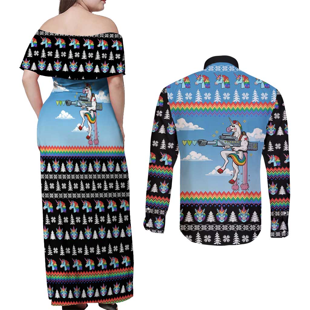 Unicorn Pew Pew Christmas Couples Matching Off Shoulder Maxi Dress and Long Sleeve Button Shirt Xmas Holiday Patterns - Wonder Print Shop