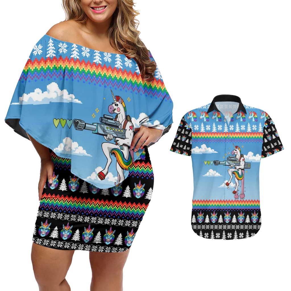 Unicorn Pew Pew Christmas Couples Matching Off Shoulder Short Dress and Hawaiian Shirt Xmas Holiday Patterns - Wonder Print Shop