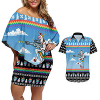 Unicorn Pew Pew Christmas Couples Matching Off Shoulder Short Dress and Hawaiian Shirt Xmas Holiday Patterns - Wonder Print Shop