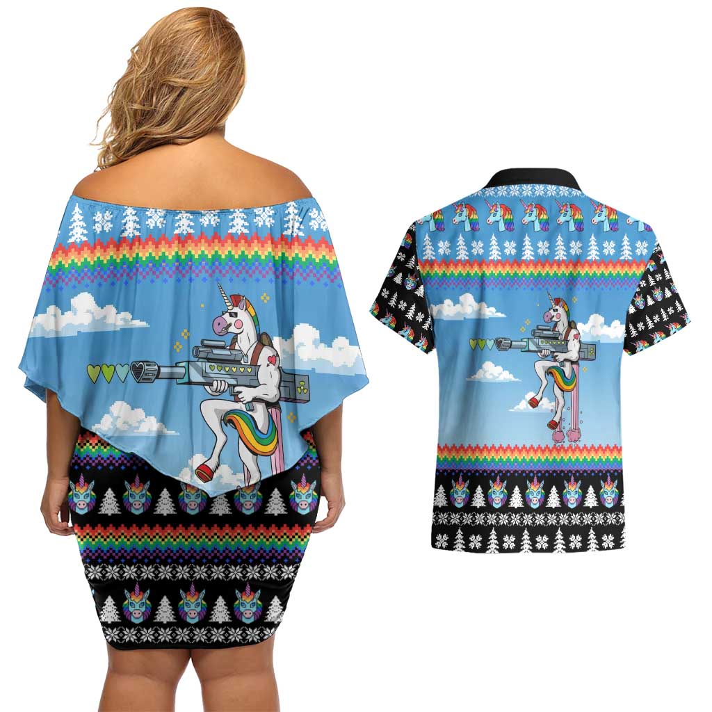 Unicorn Pew Pew Christmas Couples Matching Off Shoulder Short Dress and Hawaiian Shirt Xmas Holiday Patterns - Wonder Print Shop