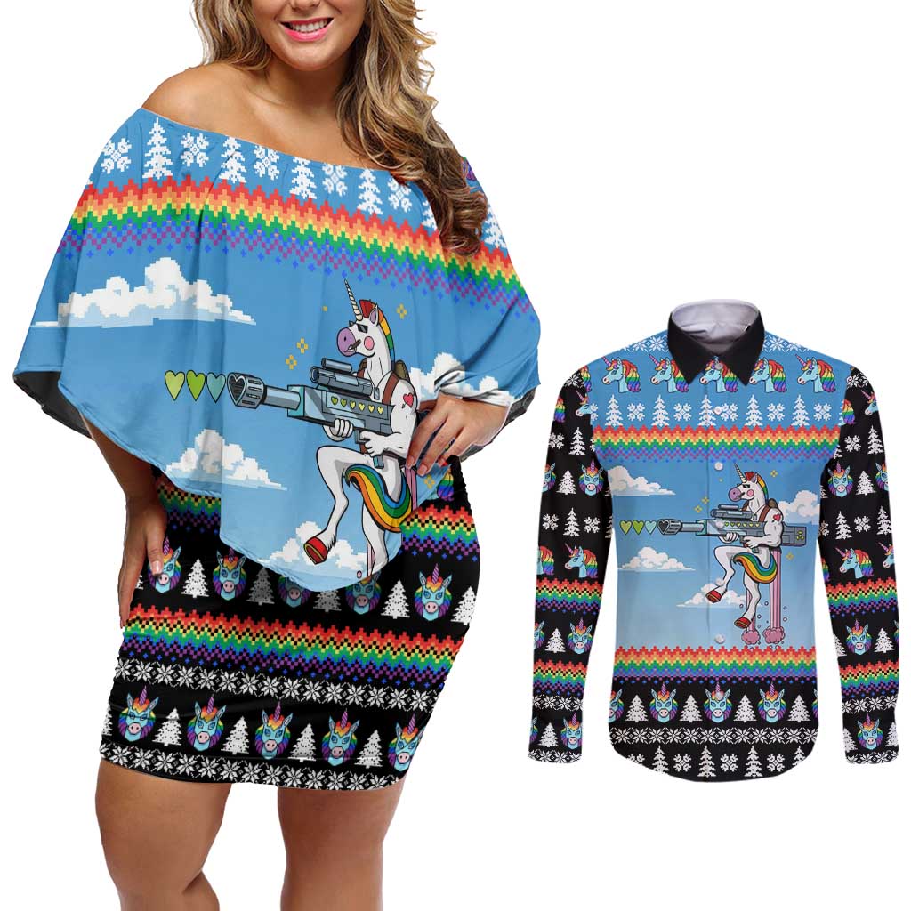 Unicorn Pew Pew Christmas Couples Matching Off Shoulder Short Dress and Long Sleeve Button Shirt Xmas Holiday Patterns - Wonder Print Shop