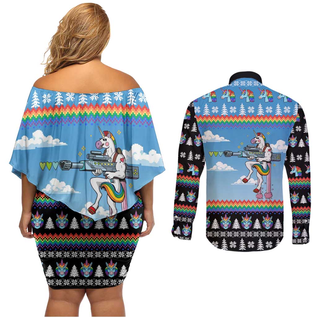 Unicorn Pew Pew Christmas Couples Matching Off Shoulder Short Dress and Long Sleeve Button Shirt Xmas Holiday Patterns - Wonder Print Shop