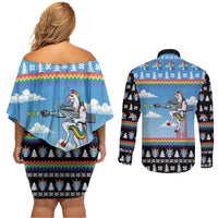 Unicorn Pew Pew Christmas Couples Matching Off Shoulder Short Dress and Long Sleeve Button Shirt Xmas Holiday Patterns - Wonder Print Shop