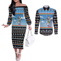 Unicorn Pew Pew Christmas Couples Matching Off The Shoulder Long Sleeve Dress and Long Sleeve Button Shirt Xmas Holiday Patterns - Wonder Print Shop