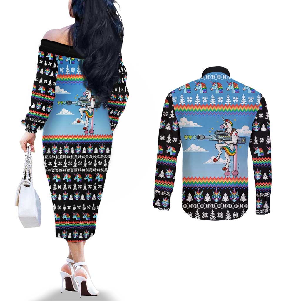 Unicorn Pew Pew Christmas Couples Matching Off The Shoulder Long Sleeve Dress and Long Sleeve Button Shirt Xmas Holiday Patterns - Wonder Print Shop