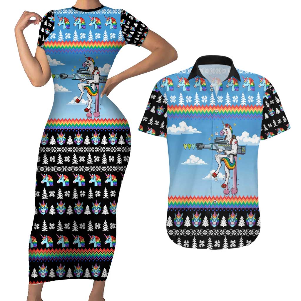 Unicorn Pew Pew Christmas Couples Matching Short Sleeve Bodycon Dress and Hawaiian Shirt Xmas Holiday Patterns - Wonder Print Shop