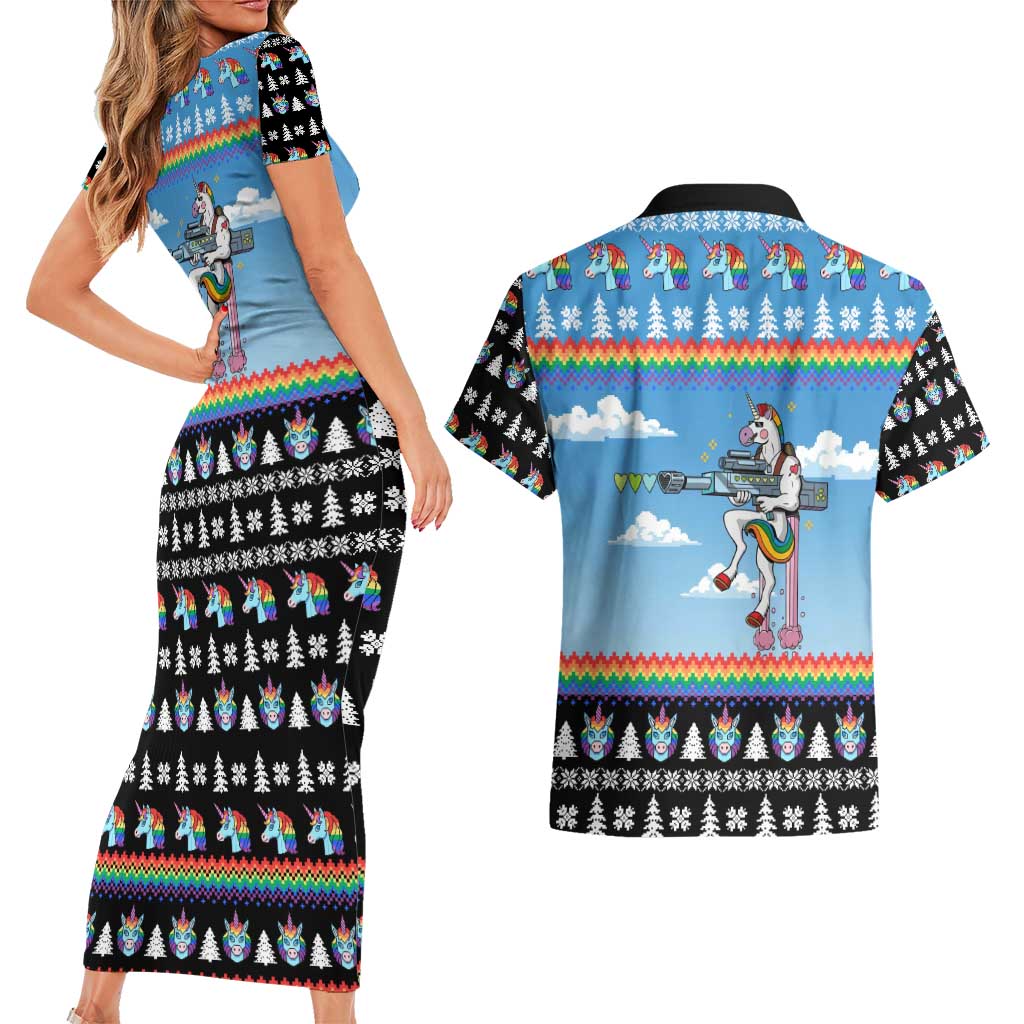 Unicorn Pew Pew Christmas Couples Matching Short Sleeve Bodycon Dress and Hawaiian Shirt Xmas Holiday Patterns - Wonder Print Shop