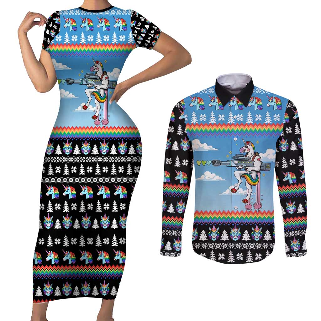 Unicorn Pew Pew Christmas Couples Matching Short Sleeve Bodycon Dress and Long Sleeve Button Shirt Xmas Holiday Patterns - Wonder Print Shop