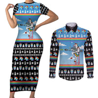 Unicorn Pew Pew Christmas Couples Matching Short Sleeve Bodycon Dress and Long Sleeve Button Shirt Xmas Holiday Patterns - Wonder Print Shop