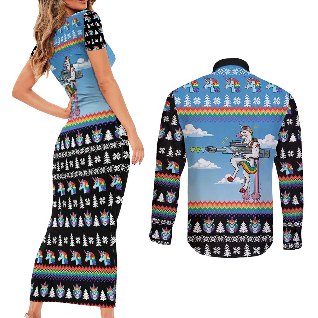 Unicorn Pew Pew Christmas Couples Matching Short Sleeve Bodycon Dress and Long Sleeve Button Shirt Xmas Holiday Patterns - Wonder Print Shop