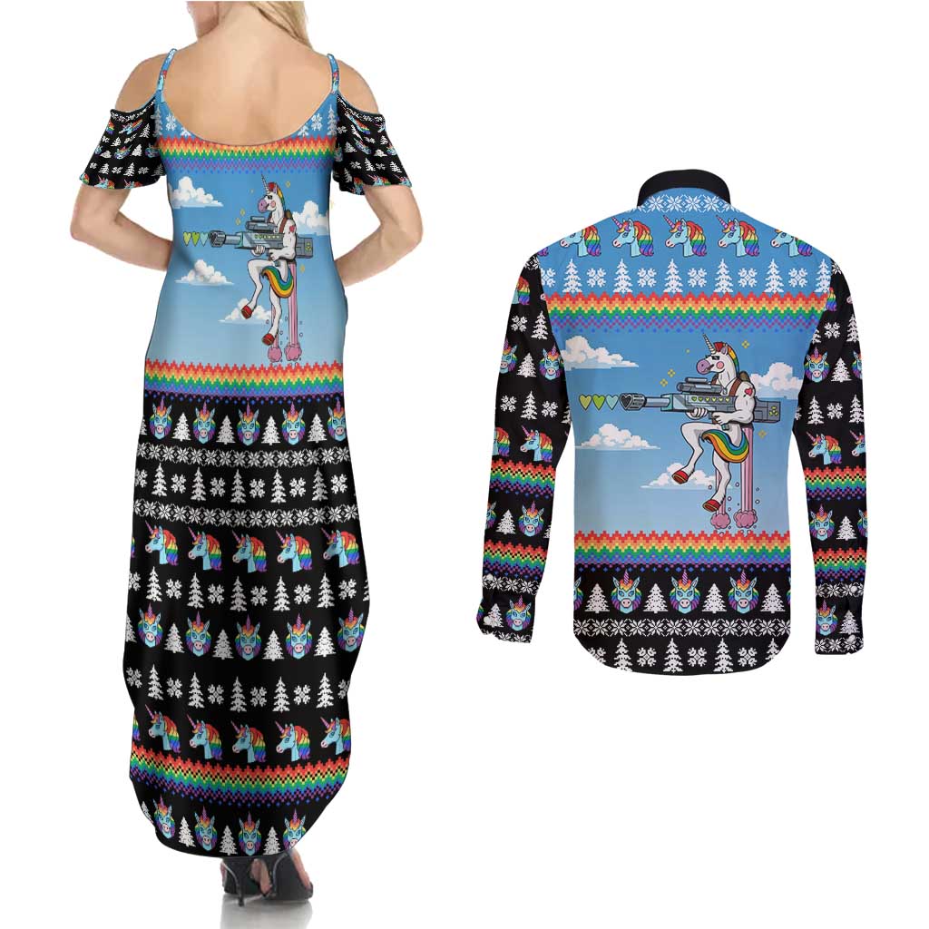 Unicorn Pew Pew Christmas Couples Matching Summer Maxi Dress and Long Sleeve Button Shirt Xmas Holiday Patterns - Wonder Print Shop