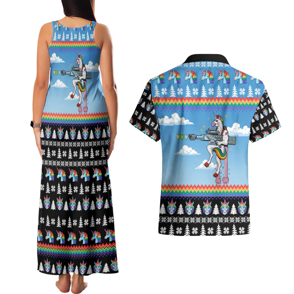 Unicorn Pew Pew Christmas Couples Matching Tank Maxi Dress and Hawaiian Shirt Xmas Holiday Patterns - Wonder Print Shop
