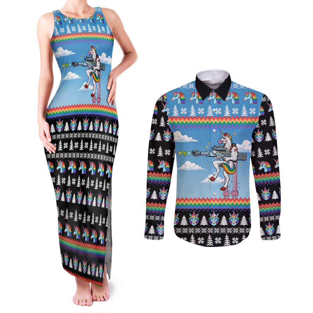 Unicorn Pew Pew Christmas Couples Matching Tank Maxi Dress and Long Sleeve Button Shirt Xmas Holiday Patterns - Wonder Print Shop
