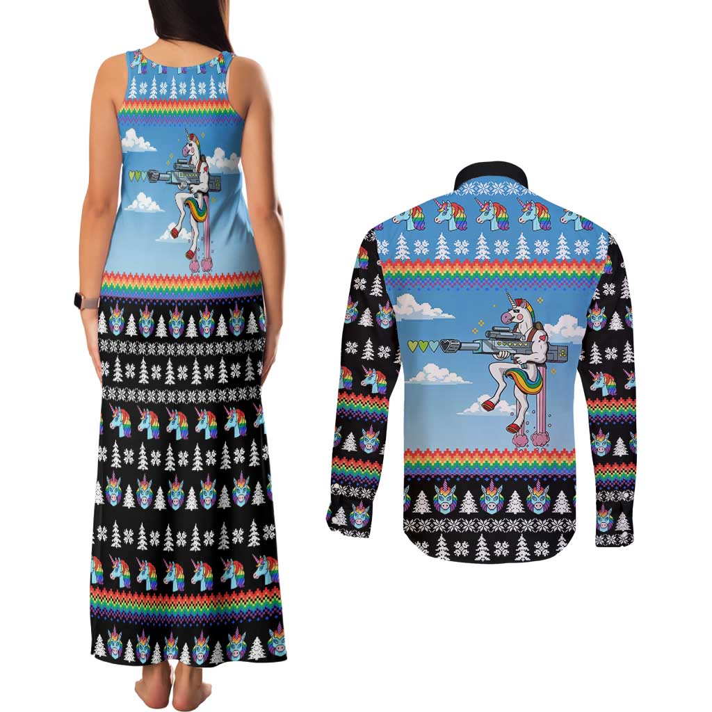 Unicorn Pew Pew Christmas Couples Matching Tank Maxi Dress and Long Sleeve Button Shirt Xmas Holiday Patterns - Wonder Print Shop