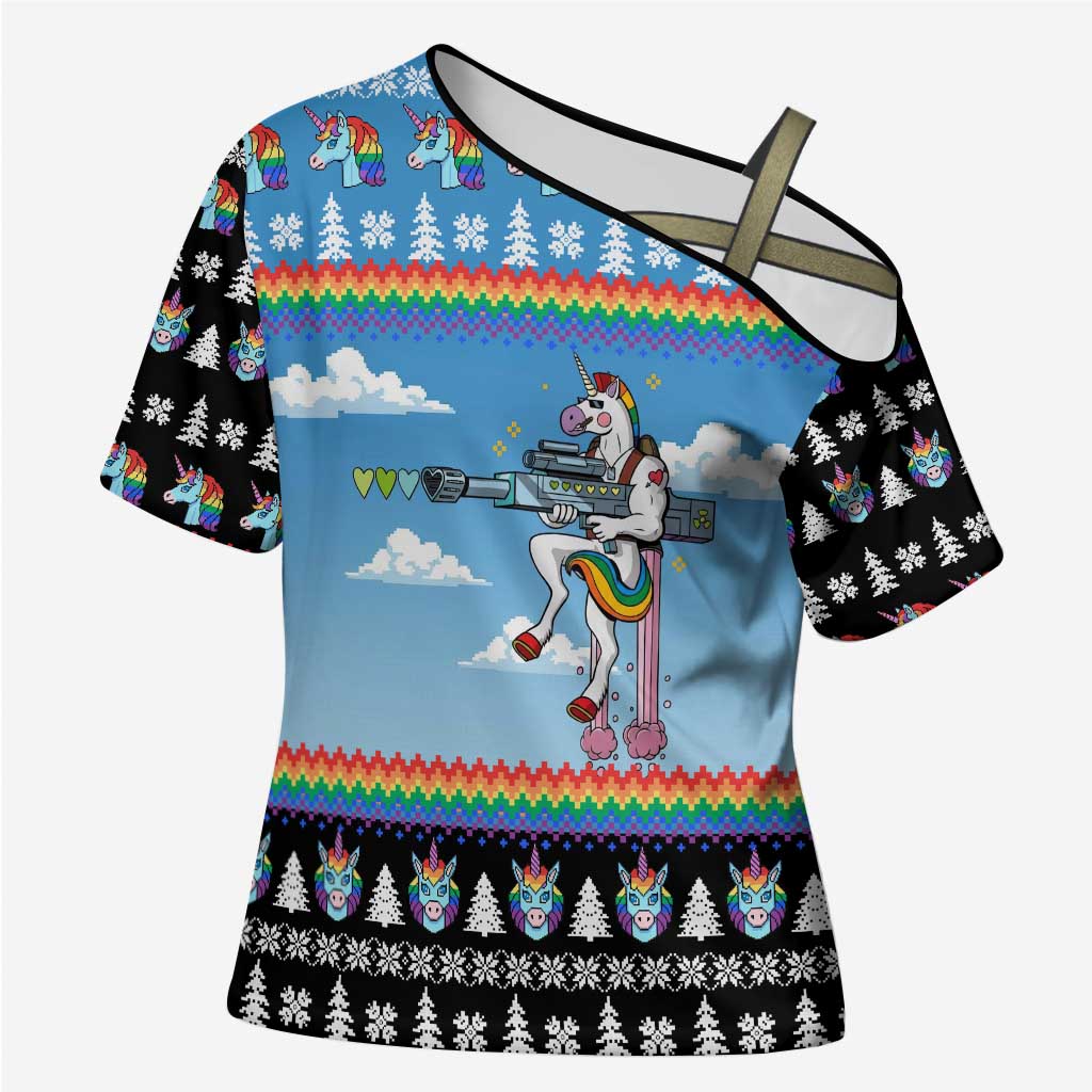 Unicorn Pew Pew Christmas Cross Shoulder Shirt Xmas Holiday Patterns - Wonder Print Shop