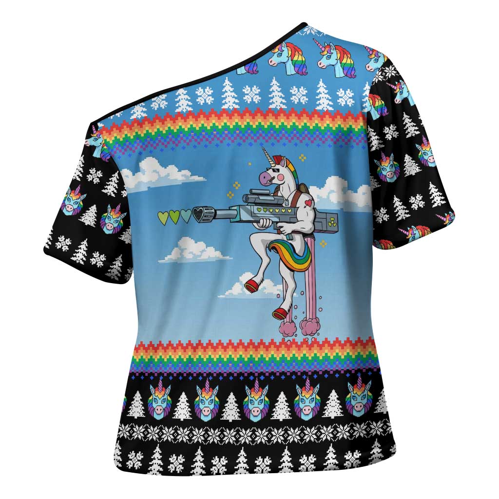Unicorn Pew Pew Christmas Cross Shoulder Shirt Xmas Holiday Patterns - Wonder Print Shop