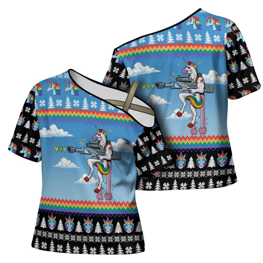 Unicorn Pew Pew Christmas Cross Shoulder Shirt Xmas Holiday Patterns - Wonder Print Shop