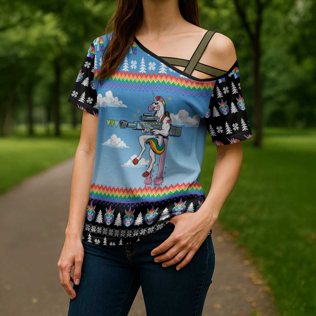 Unicorn Pew Pew Christmas Cross Shoulder Shirt Xmas Holiday Patterns - Wonder Print Shop