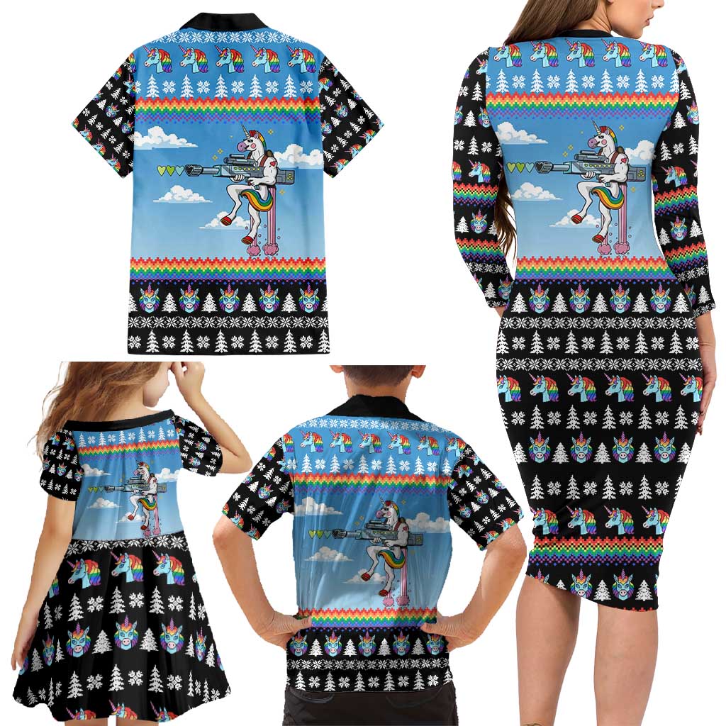 Unicorn Pew Pew Christmas Family Matching Long Sleeve Bodycon Dress and Hawaiian Shirt Xmas Holiday Patterns - Wonder Print Shop