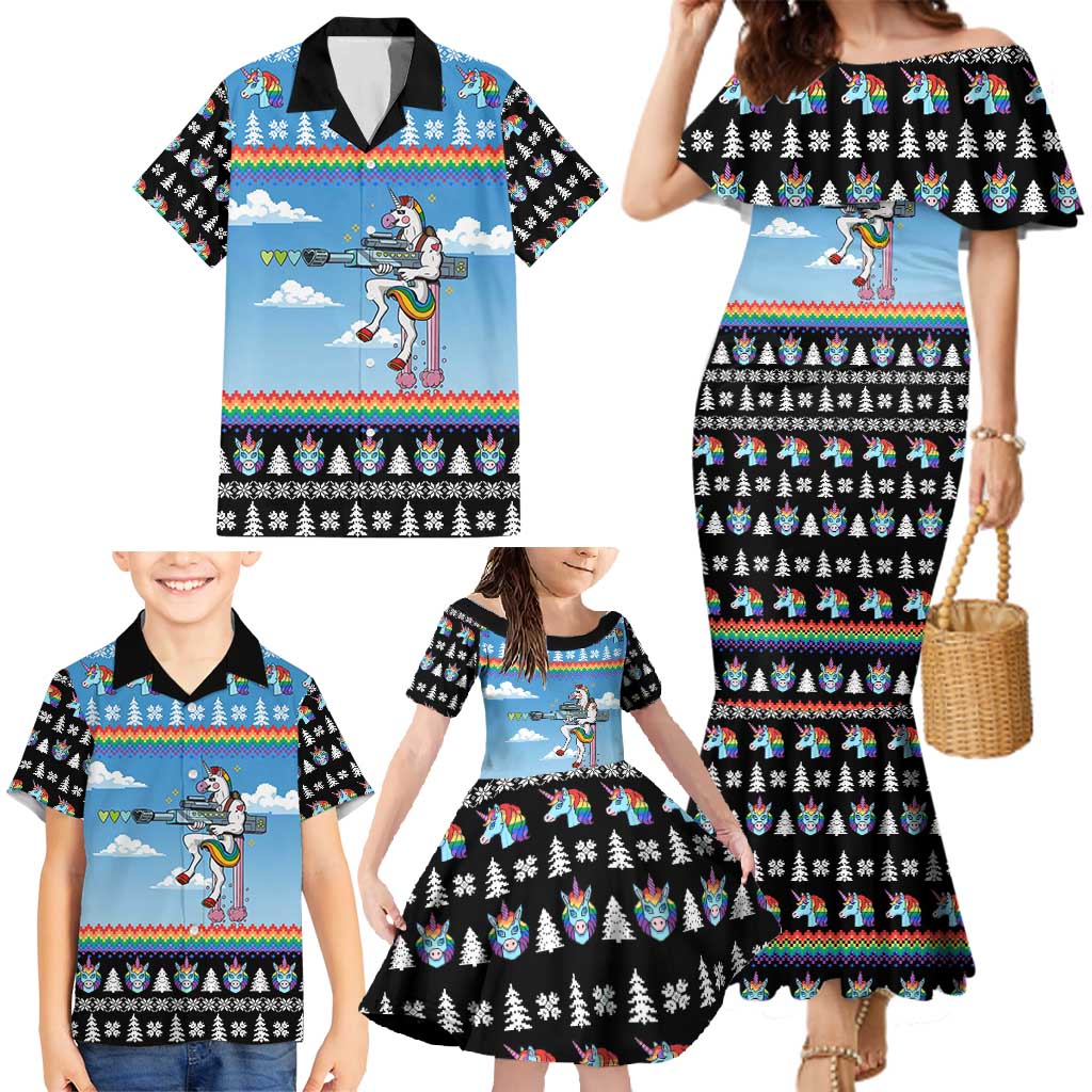 Unicorn Pew Pew Christmas Family Matching Mermaid Dress and Hawaiian Shirt Xmas Holiday Patterns - Wonder Print Shop