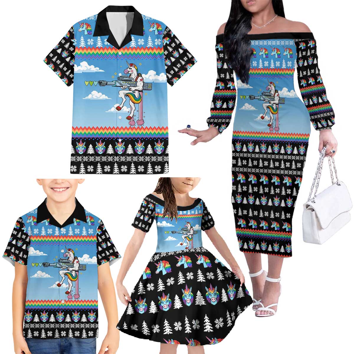 Unicorn Pew Pew Christmas Family Matching Off The Shoulder Long Sleeve Dress and Hawaiian Shirt Xmas Holiday Patterns - Wonder Print Shop
