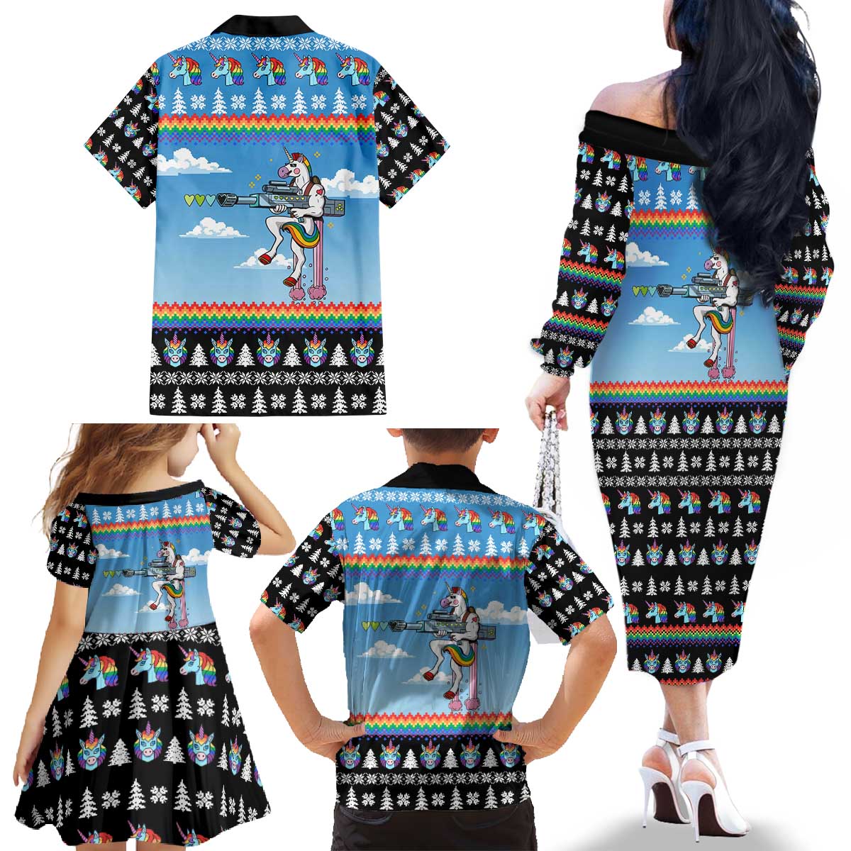 Unicorn Pew Pew Christmas Family Matching Off The Shoulder Long Sleeve Dress and Hawaiian Shirt Xmas Holiday Patterns - Wonder Print Shop