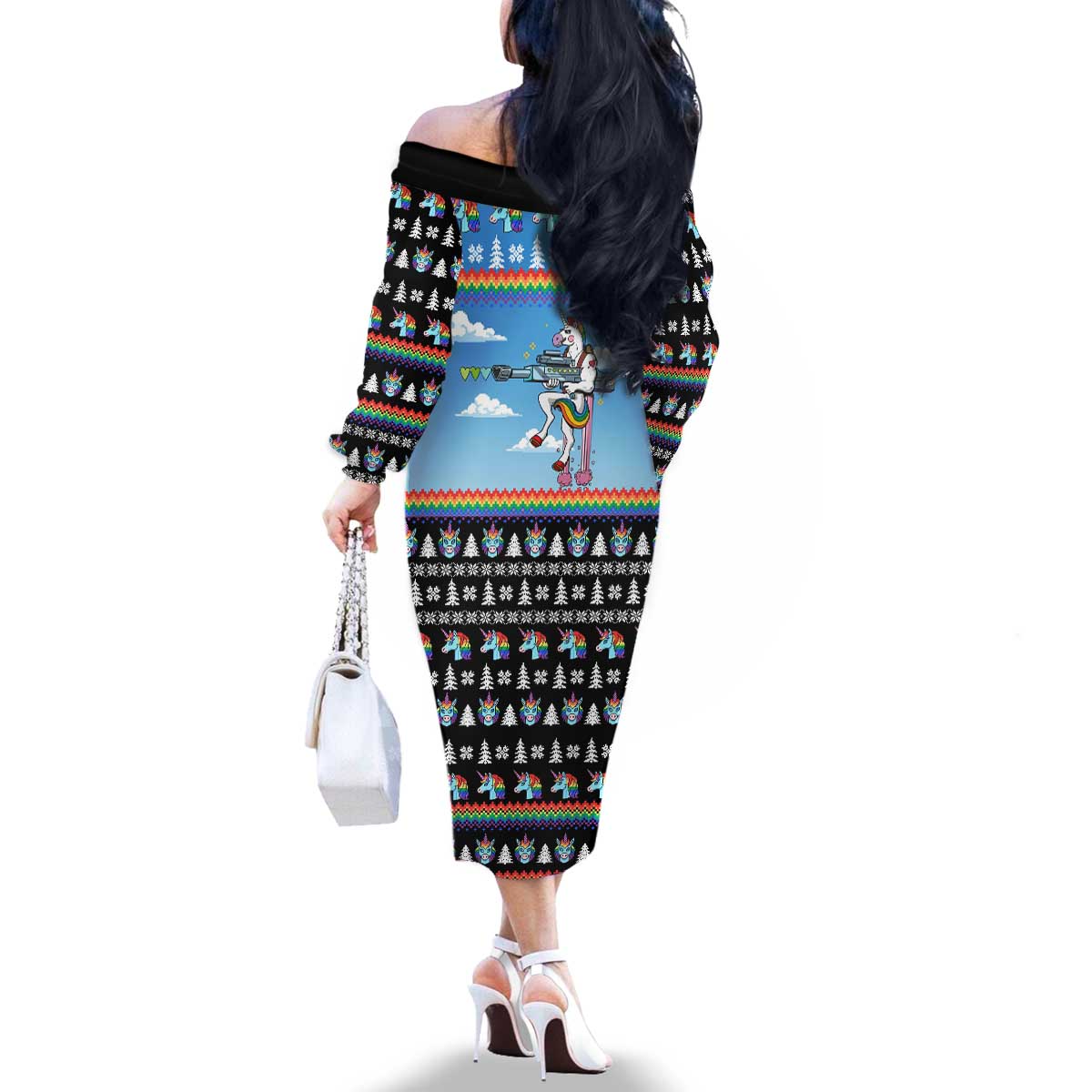 Unicorn Pew Pew Christmas Family Matching Off The Shoulder Long Sleeve Dress and Hawaiian Shirt Xmas Holiday Patterns - Wonder Print Shop