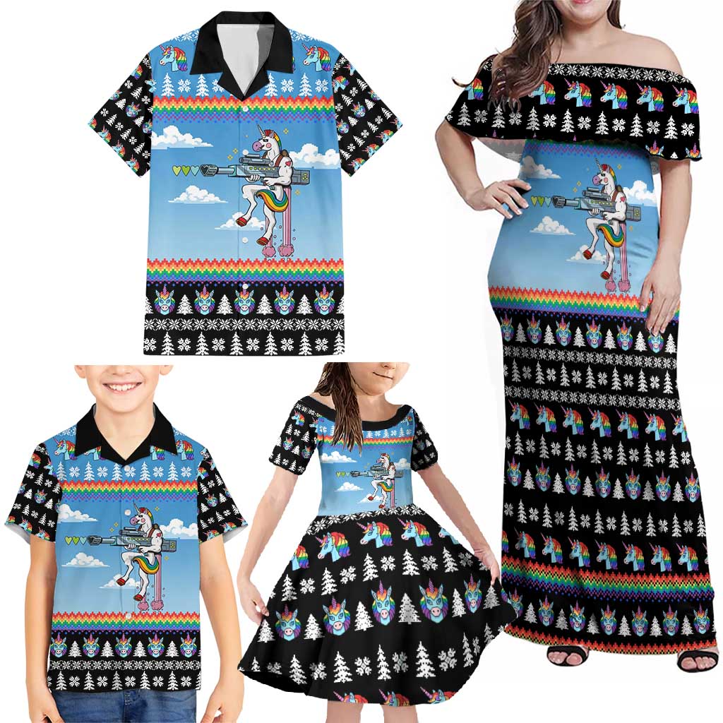 Unicorn Pew Pew Christmas Family Matching Off Shoulder Maxi Dress and Hawaiian Shirt Xmas Holiday Patterns - Wonder Print Shop