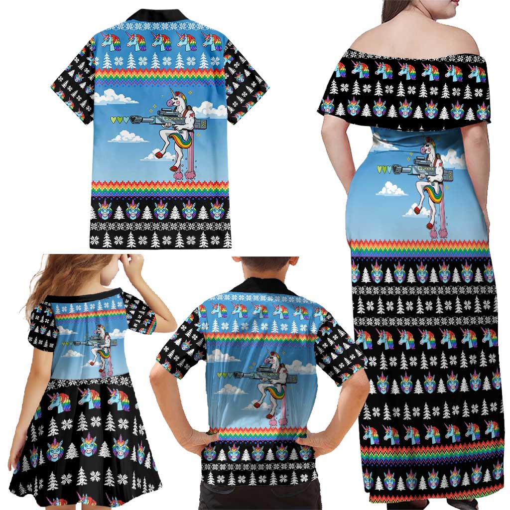 Unicorn Pew Pew Christmas Family Matching Off Shoulder Maxi Dress and Hawaiian Shirt Xmas Holiday Patterns - Wonder Print Shop