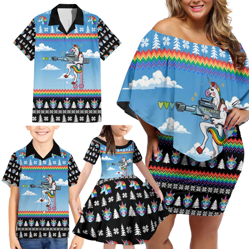 Unicorn Pew Pew Christmas Family Matching Off Shoulder Short Dress and Hawaiian Shirt Xmas Holiday Patterns - Wonder Print Shop