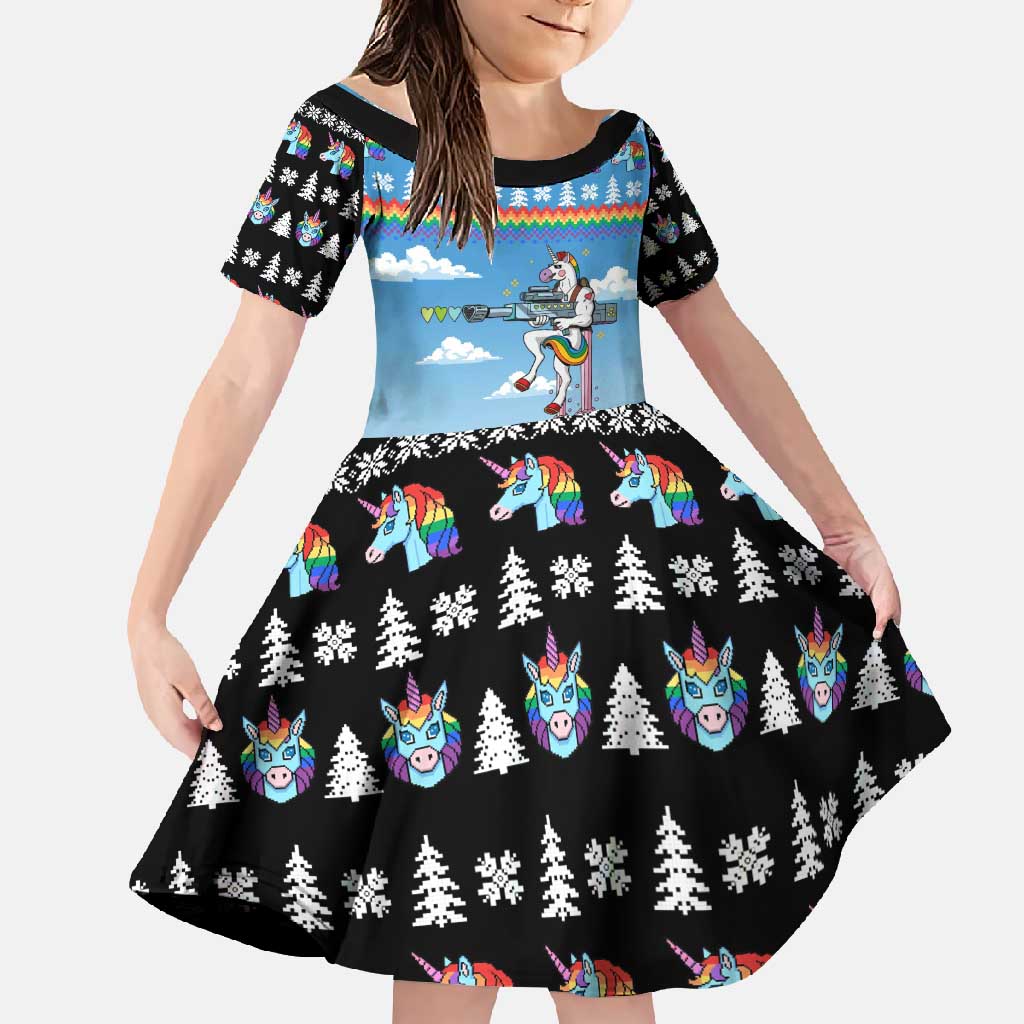 Unicorn Pew Pew Christmas Family Matching Short Sleeve Bodycon Dress and Hawaiian Shirt Xmas Holiday Patterns - Wonder Print Shop