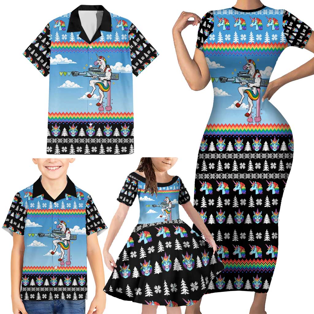 Unicorn Pew Pew Christmas Family Matching Short Sleeve Bodycon Dress and Hawaiian Shirt Xmas Holiday Patterns - Wonder Print Shop