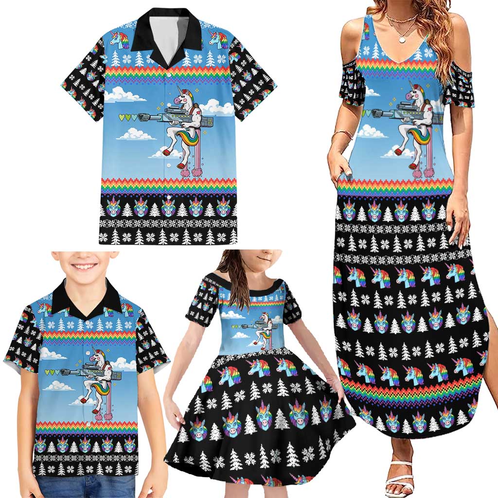 Unicorn Pew Pew Christmas Family Matching Summer Maxi Dress and Hawaiian Shirt Xmas Holiday Patterns - Wonder Print Shop