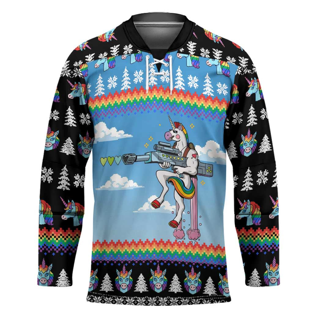 Unicorn Pew Pew Christmas Hockey Jersey Xmas Holiday Patterns - Wonder Print Shop