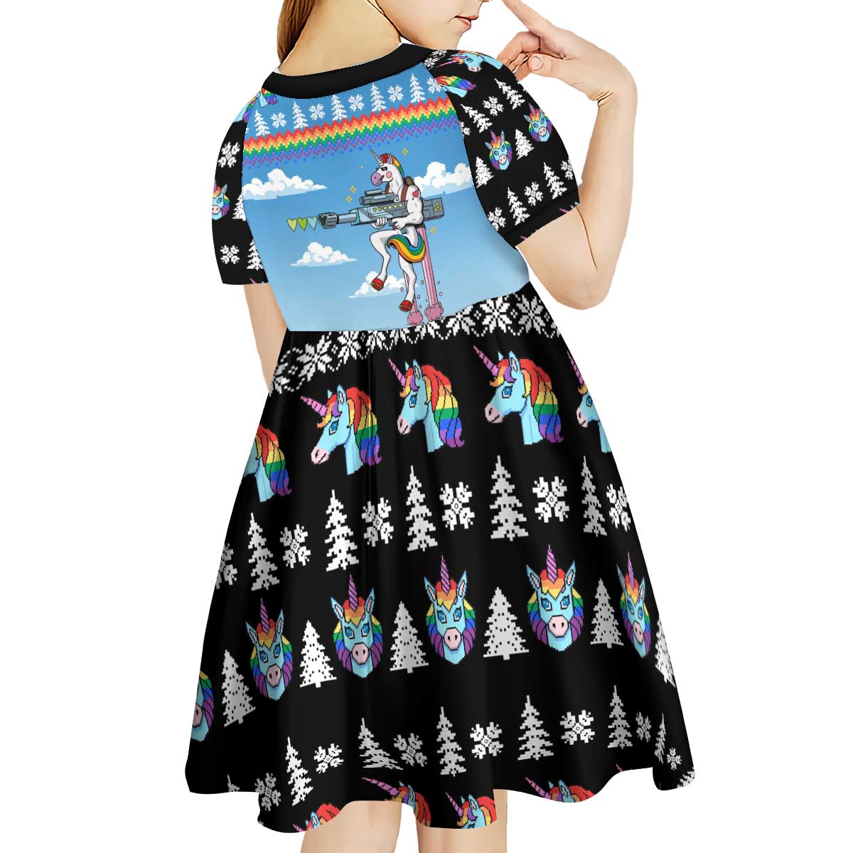 Unicorn Pew Pew Christmas Kid Short Sleeve Dress Xmas Holiday Patterns - Wonder Print Shop