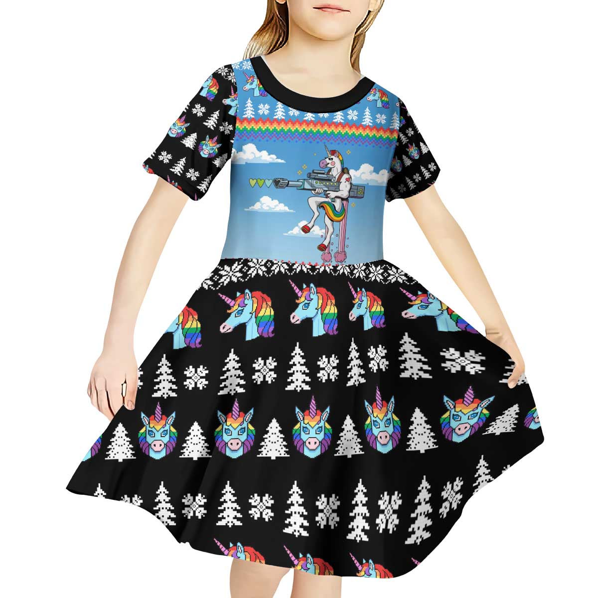 Unicorn Pew Pew Christmas Kid Short Sleeve Dress Xmas Holiday Patterns - Wonder Print Shop