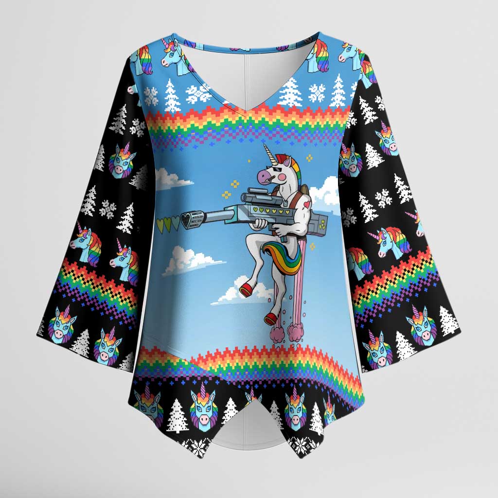 Unicorn Pew Pew Christmas Kimono Sleeve Blouse Xmas Holiday Patterns - Wonder Print Shop