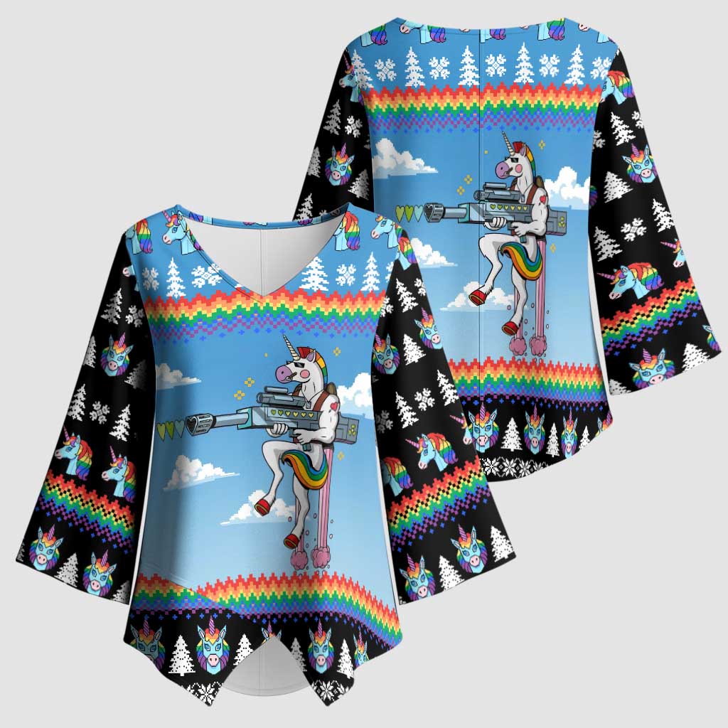 Unicorn Pew Pew Christmas Kimono Sleeve Blouse Xmas Holiday Patterns - Wonder Print Shop