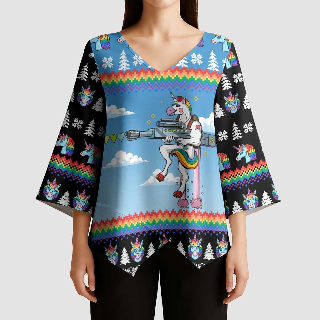 Unicorn Pew Pew Christmas Kimono Sleeve Blouse Xmas Holiday Patterns - Wonder Print Shop