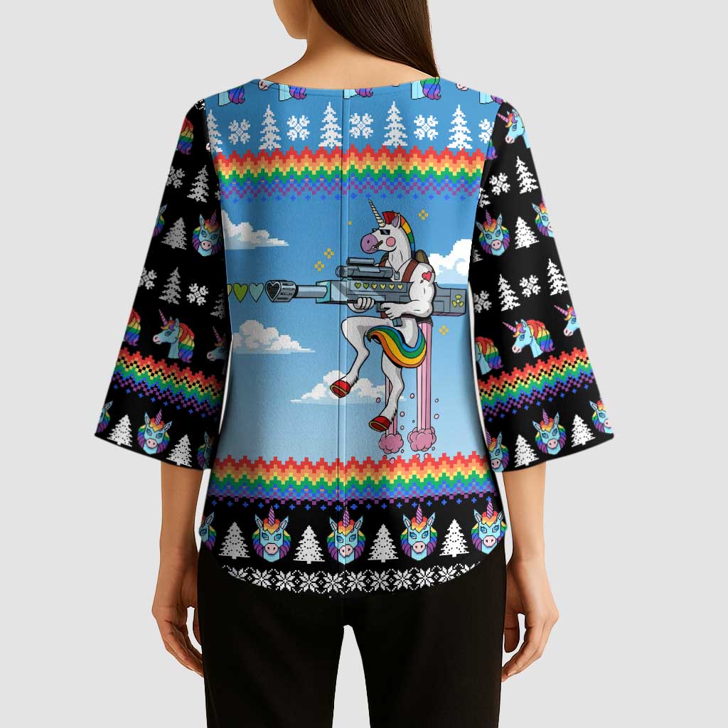 Unicorn Pew Pew Christmas Kimono Sleeve Blouse Xmas Holiday Patterns - Wonder Print Shop