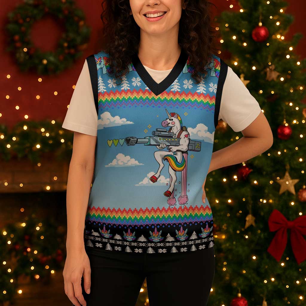 Unicorn Pew Pew Christmas Knitted V-Neck Vest Xmas Holiday Patterns - Wonder Print Shop