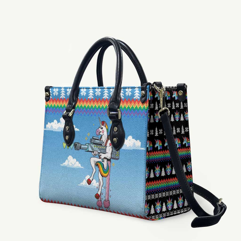 Unicorn Pew Pew Christmas Leather Bag Xmas Holiday Patterns - Wonder Print Shop