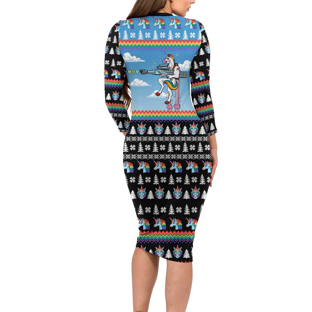 Unicorn Pew Pew Christmas Long Sleeve Bodycon Dress Xmas Holiday Patterns - Wonder Print Shop