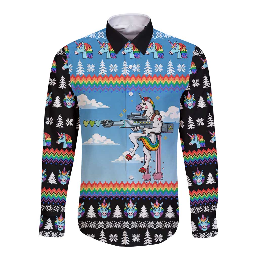 Unicorn Pew Pew Christmas Long Sleeve Button Shirt Xmas Holiday Patterns - Wonder Print Shop
