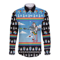 Unicorn Pew Pew Christmas Long Sleeve Button Shirt Xmas Holiday Patterns - Wonder Print Shop