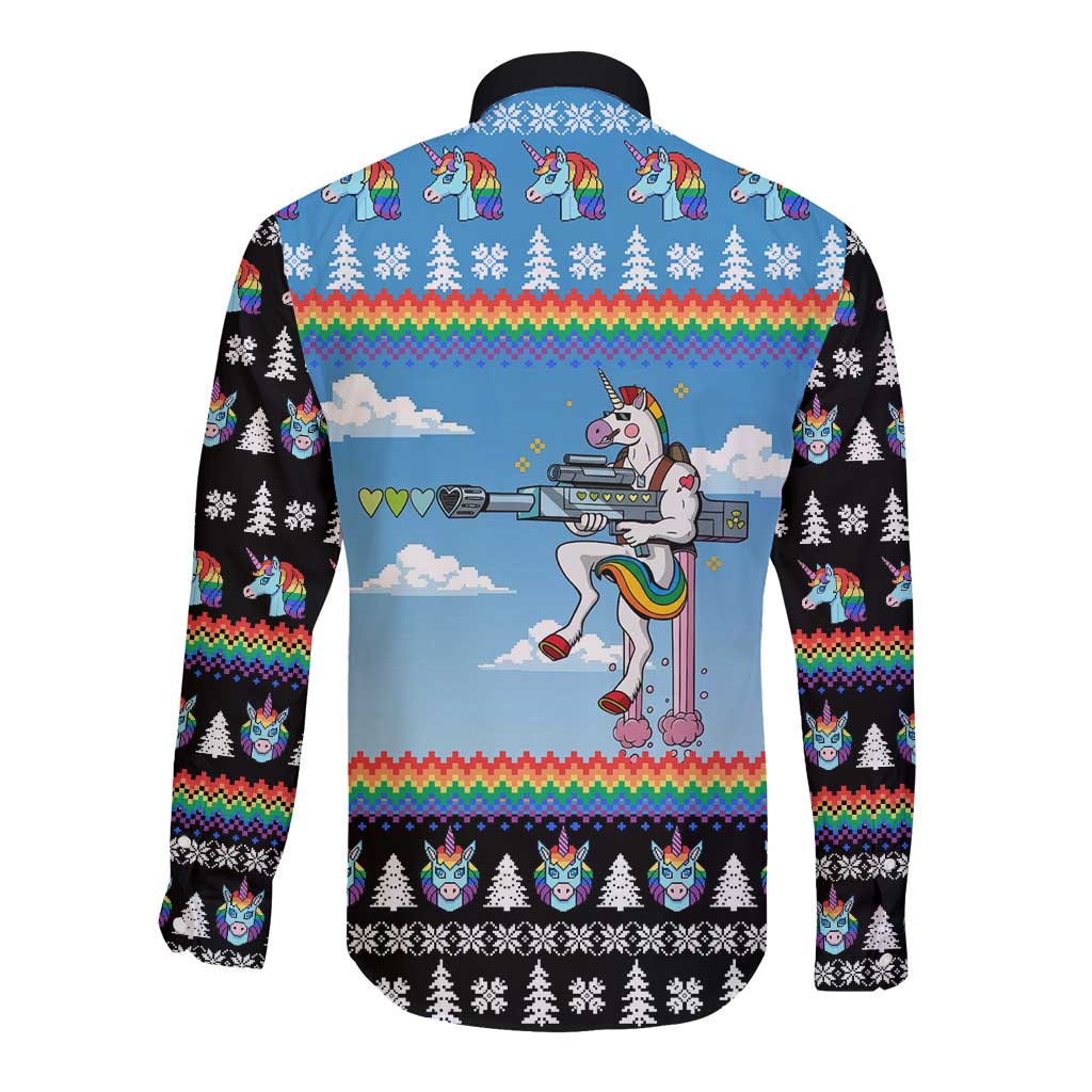 Unicorn Pew Pew Christmas Long Sleeve Button Shirt Xmas Holiday Patterns - Wonder Print Shop