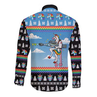 Unicorn Pew Pew Christmas Long Sleeve Button Shirt Xmas Holiday Patterns - Wonder Print Shop