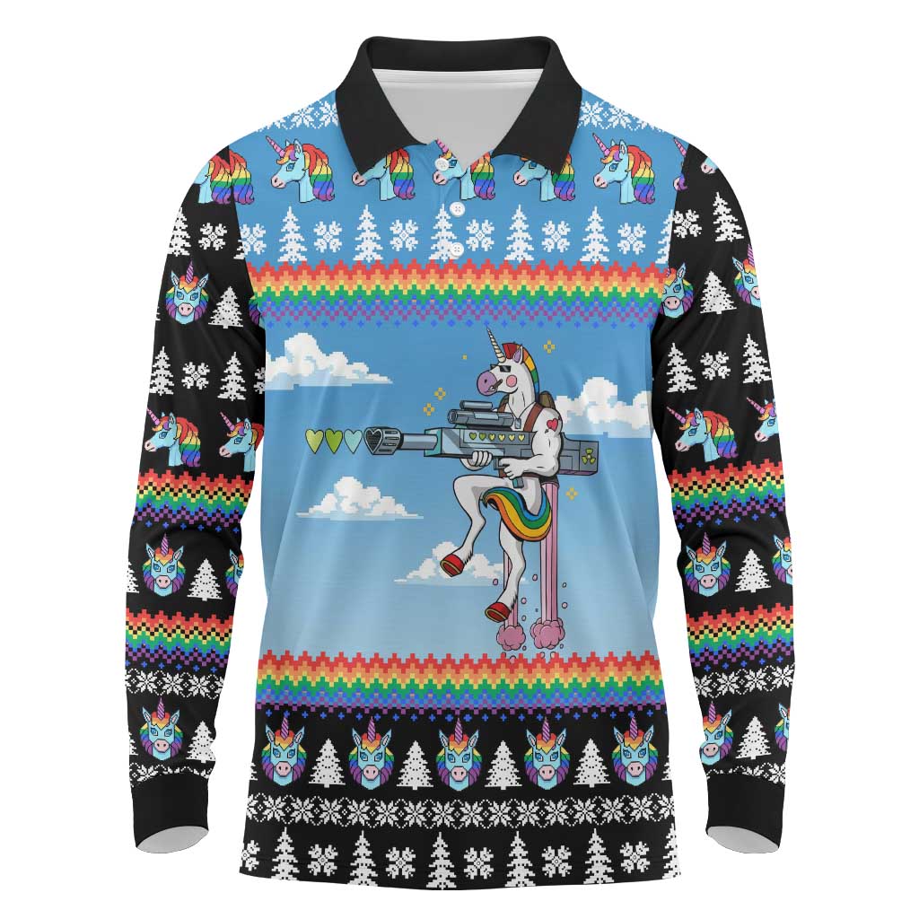 Unicorn Pew Pew Christmas Long Sleeve Polo Shirt Xmas Holiday Patterns - Wonder Print Shop