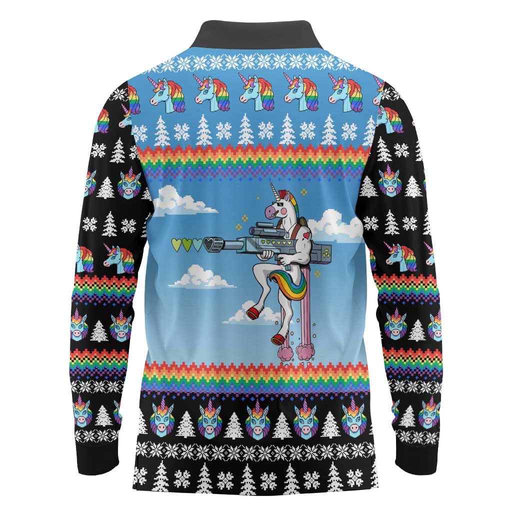 Unicorn Pew Pew Christmas Long Sleeve Polo Shirt Xmas Holiday Patterns - Wonder Print Shop